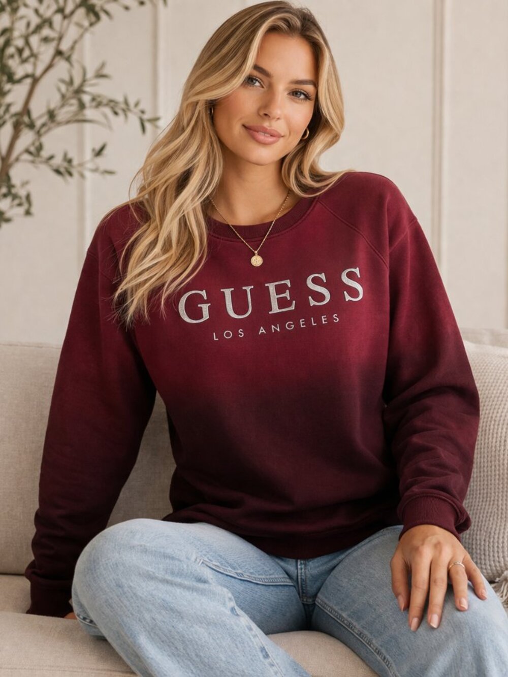 GUESS Los Angeles Burgundy Crewneck Sweatshirt Pullover Logo Cotton Casual Y2K M
